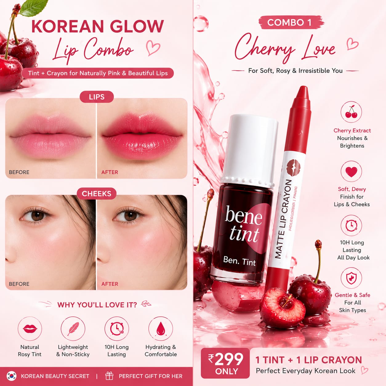 Korean Glass Skin Lip Combo | Bene Tint + Matte Lip Crayon