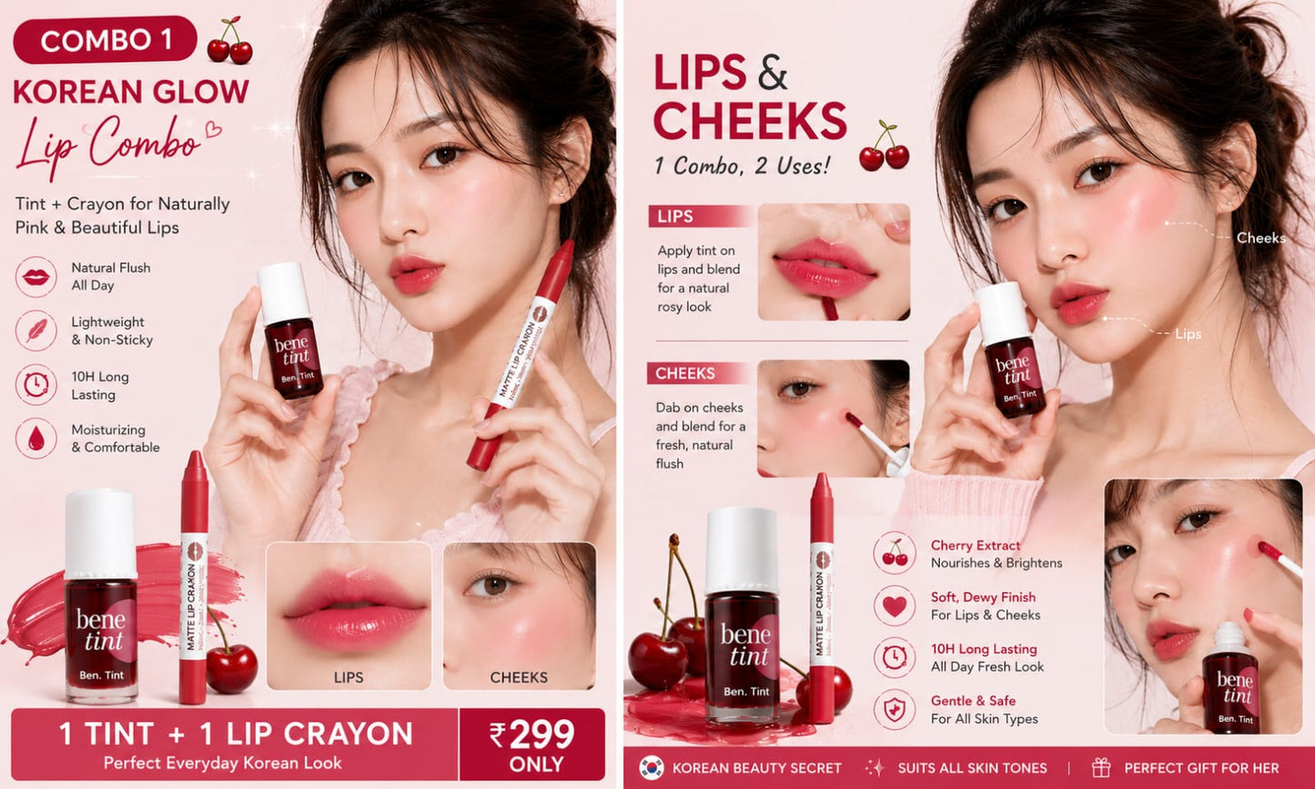 Korean Glass Skin Lip Combo | Bene Tint + Matte Lip Crayon